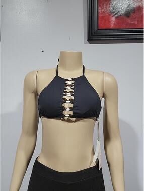 ale by Alessandra High Neck Bikini Top XS Black With Tassel Cowrie Shell NWT #C6